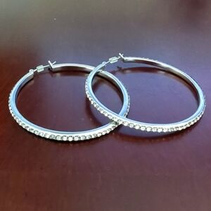 Silver & Rhinestone Hoop Earrings 2”